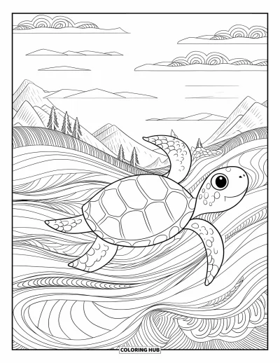 Desenho de tartarugas para colorir para adultos: Uma tartaruga nada em um desenho tipo mandala com água fluida e ondas que lembram nuvens