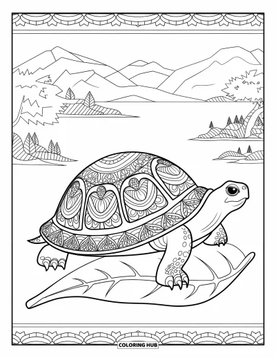 Desenho de tartarugas para colorir para adultos: Uma tartaruga com casco em estilo mandala está sentada sobre uma folha em uma paisagem montanhosa serena