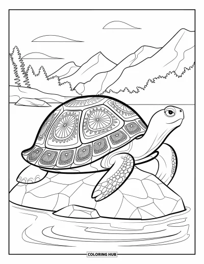Desenho de tartarugas para colorir para adultos: Uma tartaruga com casco estampado está em uma água calma, cercada pela natureza