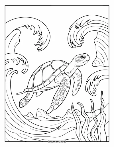 Desenho de tartarugas para colorir para adultos: Uma tartaruga de expressão tranquila está sentada em uma pedra em um oceano de ondas fluidas