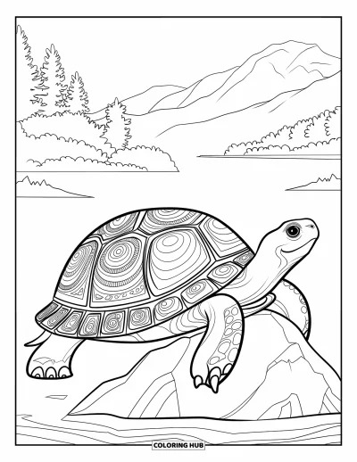 Desenho de tartarugas para colorir para adultos: Uma tartaruga com padrões intrincados descansa em uma pedra em um lago com montanhas ao fundo