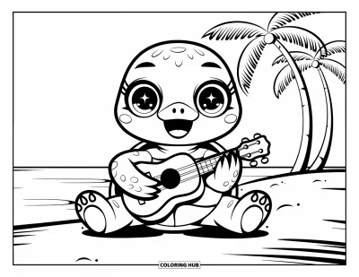 Desenho de tartarugas para colorir para adultos: Uma tartaruga de olhos brilhantes toca ukulele sob palmeiras balançando