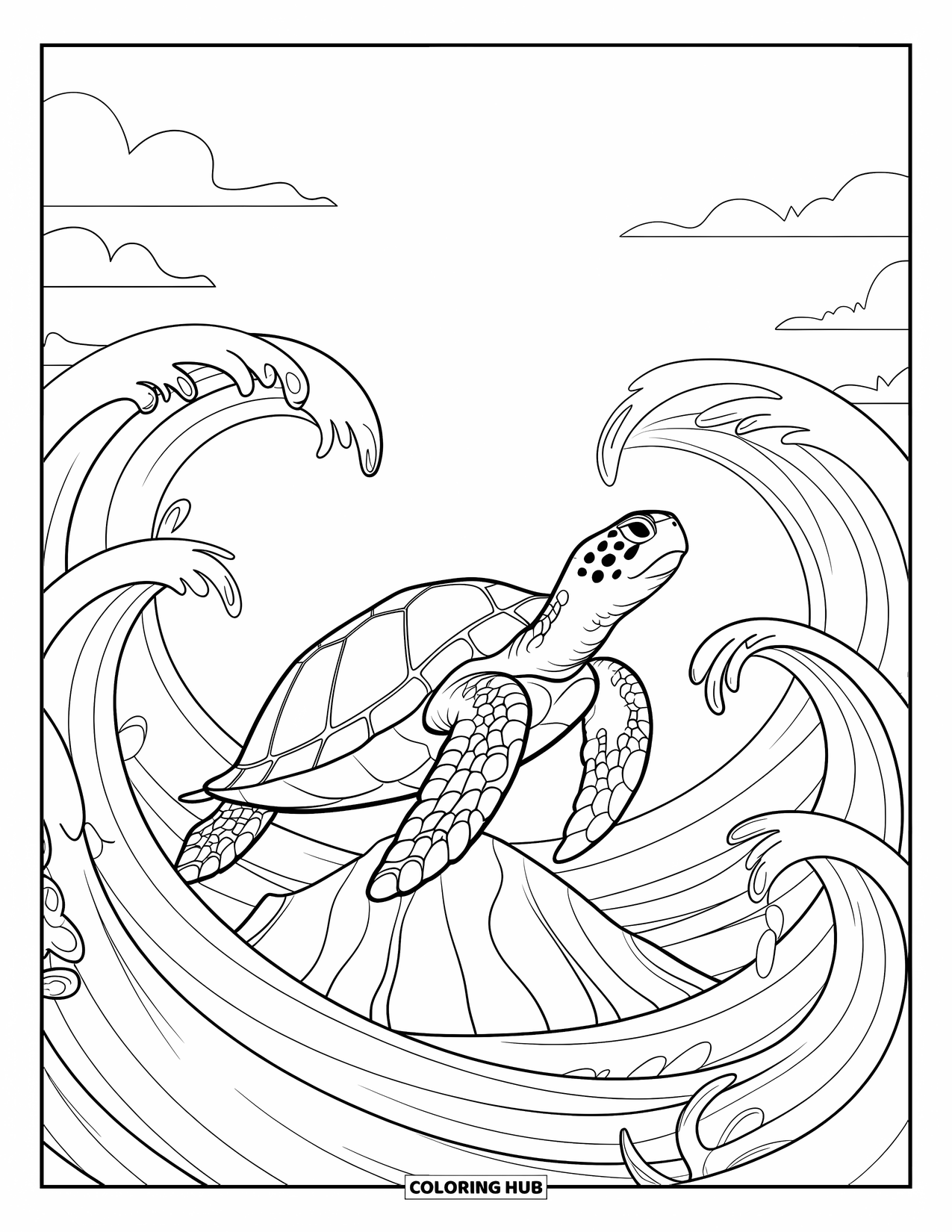 Turtle Coloring Page for Adults: A wise turtle floats among flowing waves and curving seaweed in a tranquil sea