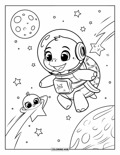 Desenho de tartarugas para colorir para adultos: Uma tartaruga astronauta flutua no espaço, cercada por estrelas, planetas e um mini alienígena bebê