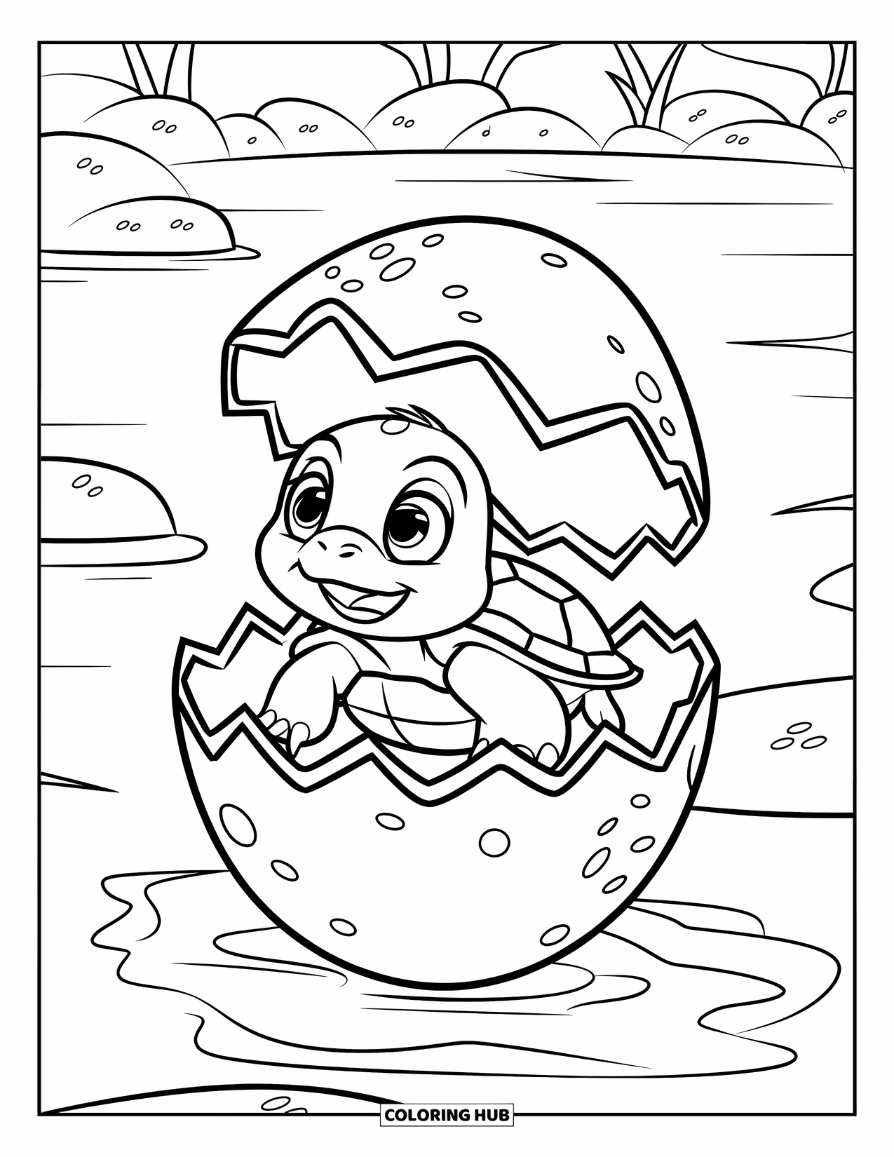 Turtle Coloring Page for Kids: A baby turtle cracks out of its shell, with a calm lake and greenery behind it
