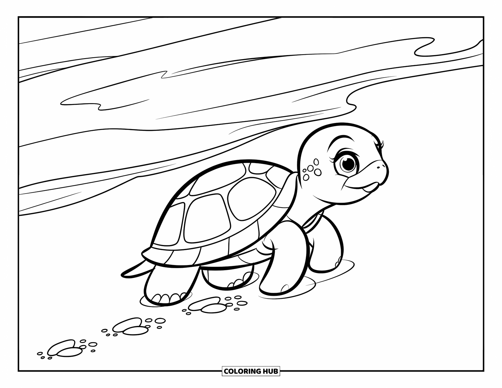 Turtle Coloring Page for Kids: A baby turtle leaves tiny footprints in the sand as it journeys toward the ocean waves