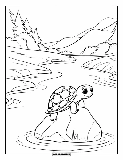 Desenho de tartarugas para colorir para crianças: Uma tartaruga alegre sobe em uma pedra enquanto o rio corre calmamente ao redor