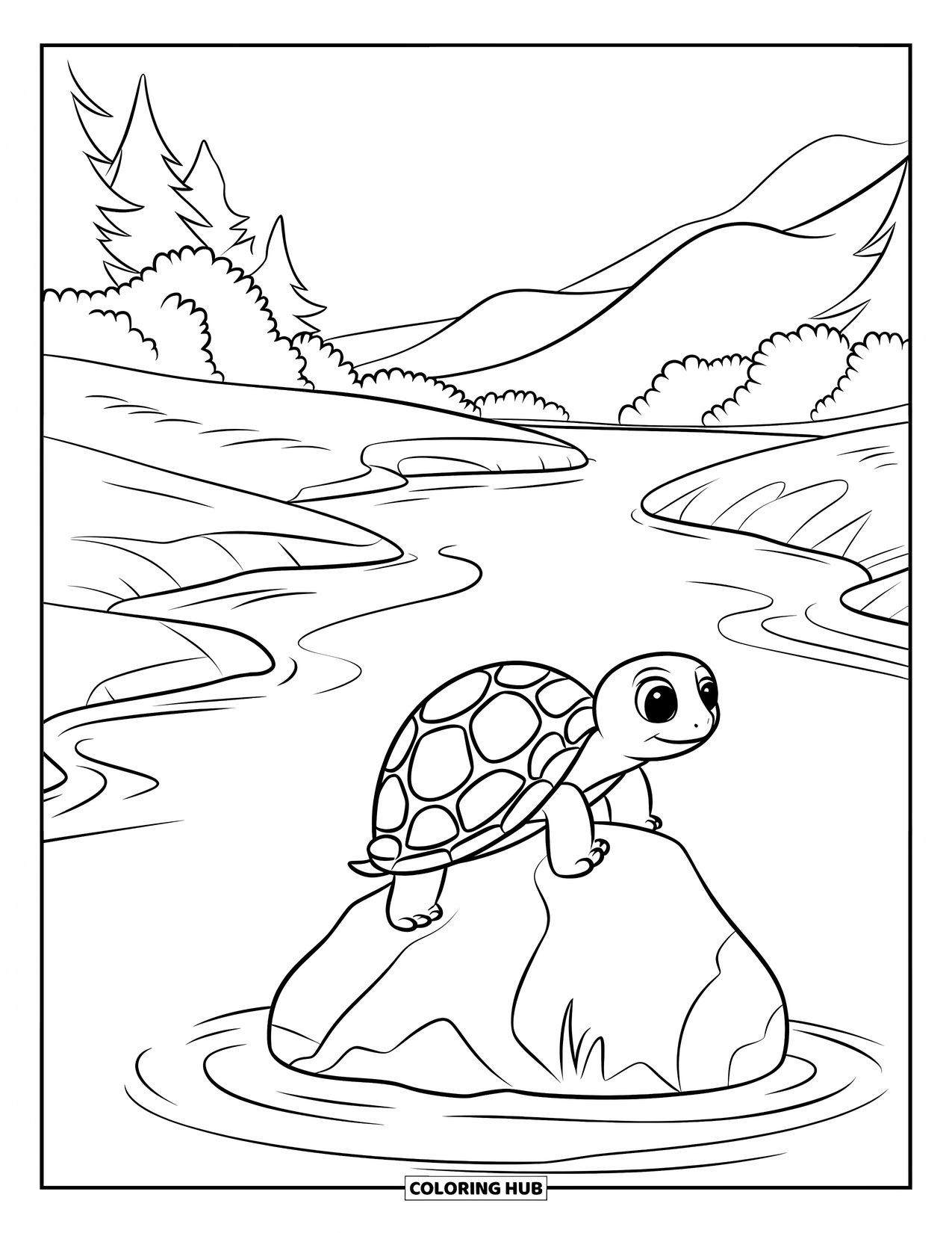 Turtle Coloring Page for Kids: A cheerful turtle clambers up a rock as the river flows peacefully around it
