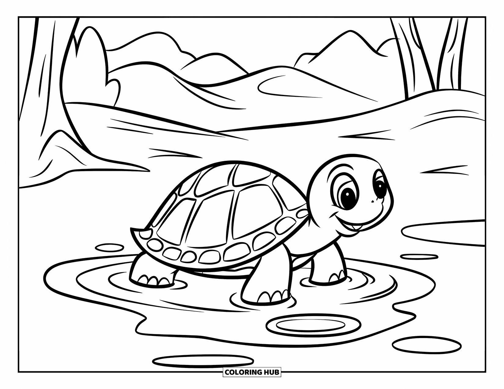 Turtle Coloring Page for Kids: A cheerful turtle plays in a puddle, surrounded by a peaceful landscape