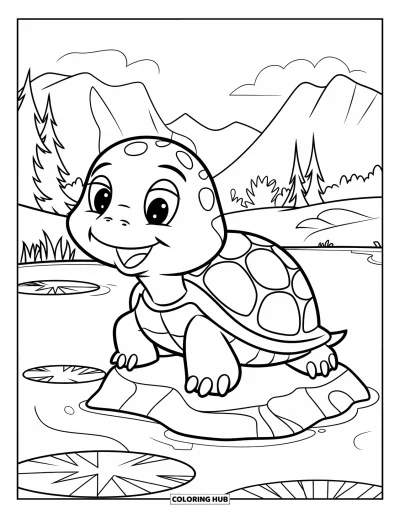 Desenho de tartarugas para colorir para crianças: Uma tartaruga alegre está sentada em uma pedra perto de vitórias-régias, aproveitando a paisagem serena