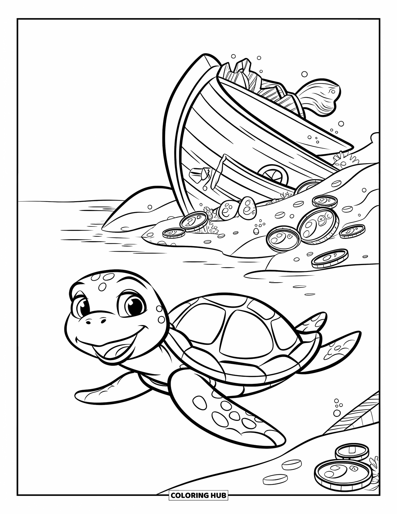 Turtle Coloring Page for Kids: A cheerful turtle wearing a pirate hat glides past a shipwreck with scattered gold coins