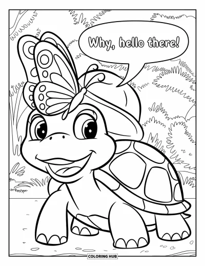 Desenho de tartarugas para colorir para crianças: Uma tartaruga alegre com chapéu cumprimenta uma borboleta em uma floresta verdejante