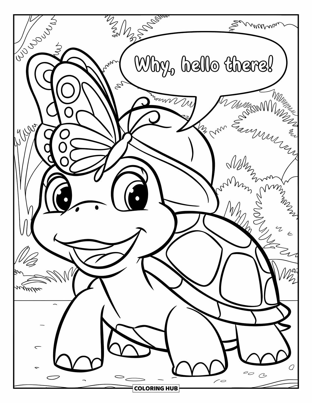 Turtle Coloring Page for Kids: A cheerful turtle with a hat greets a butterfly in a lush green forest