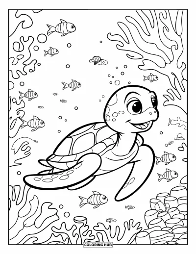 Desenho de tartarugas para colorir para crianças: Uma tartaruga curiosa nada entre recifes de corais coloridos, cercada por peixinhos