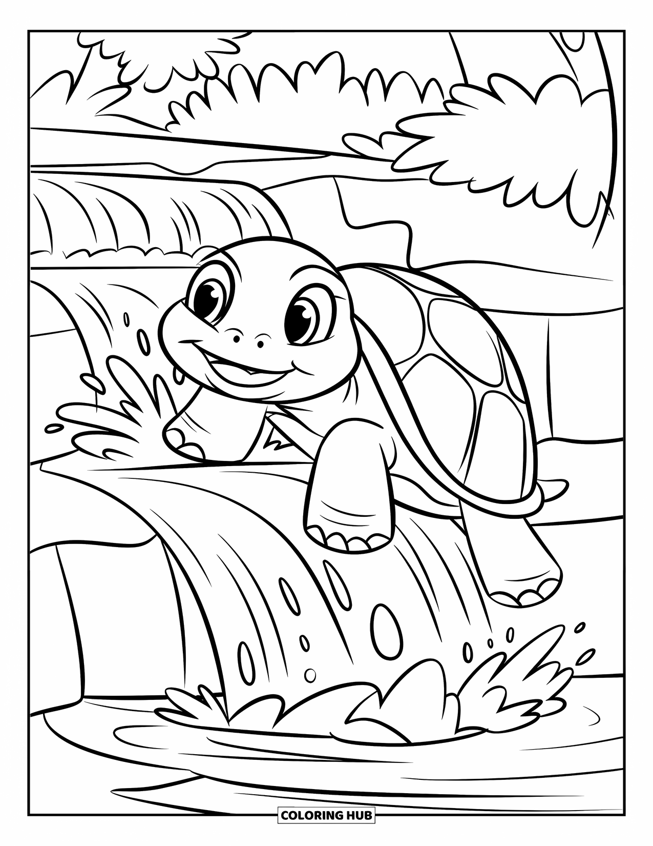 Turtle Coloring Page for Kids: A determined turtle climbs a small waterfall as water splashes around its tiny feet
