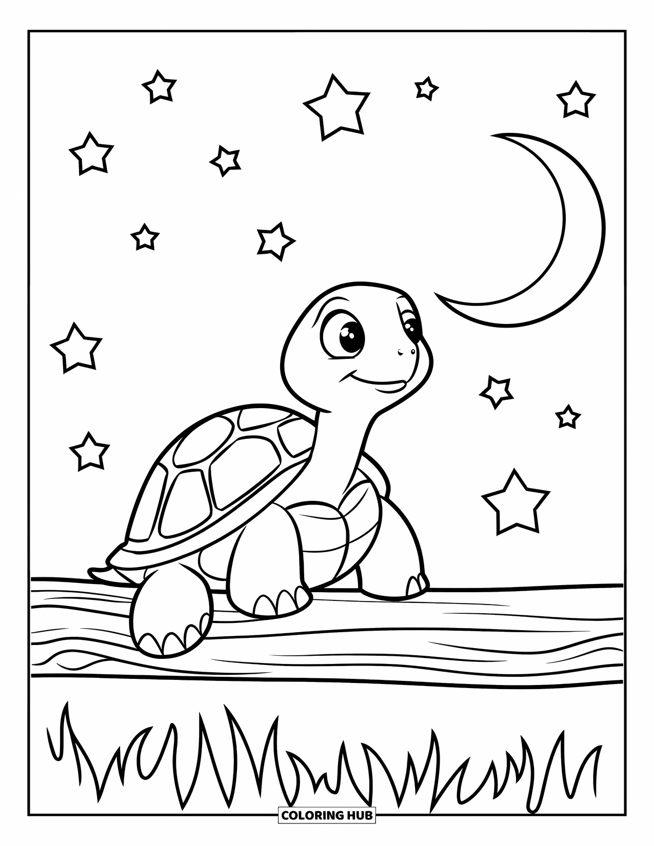 Turtle Coloring Page for Kids: A gentle turtle rests on a floating log, mesmerized by twinkling stars above