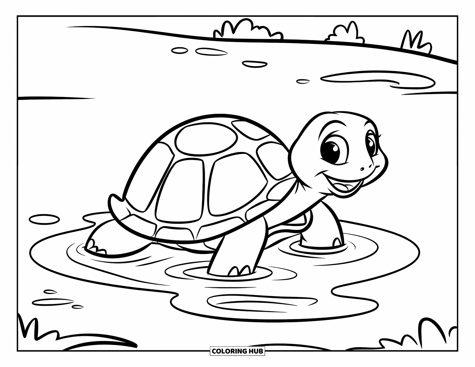 Turtle Coloring Page for Kids: A happy turtle plays in a puddle, enjoying the simple joy of water