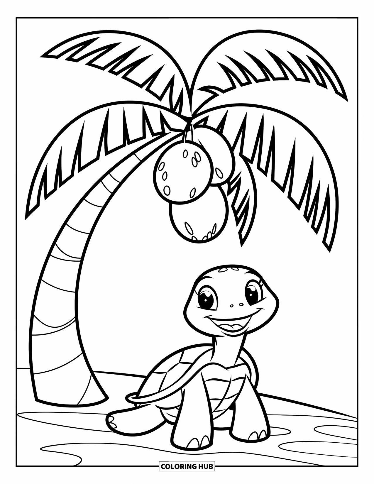 Turtle Coloring Page for Kids: A happy turtle rests under a palm tree, enjoying the beach breeze