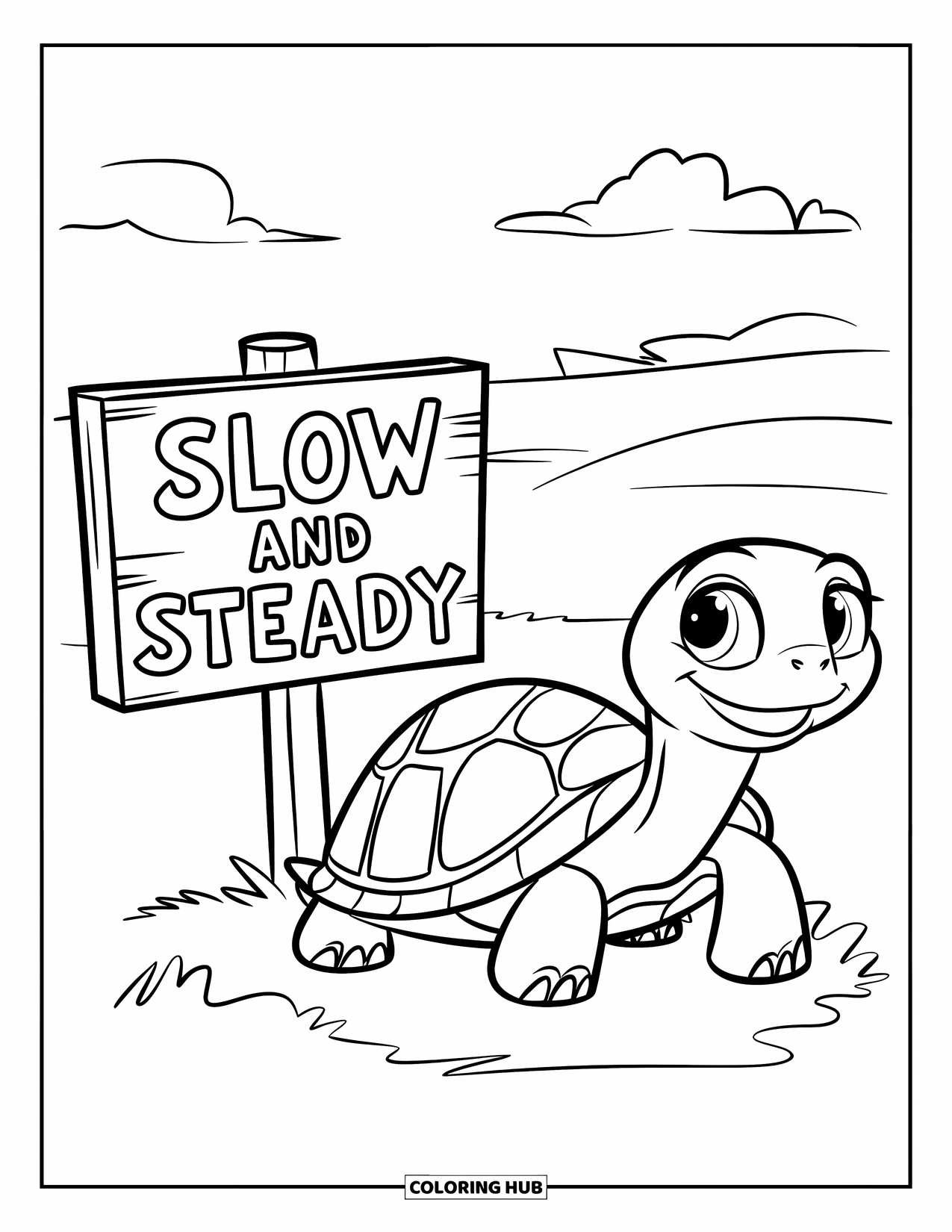 Turtle Coloring Page for Kids: A happy turtle sits beside a wooden sign in a lush field under a cloudy sky