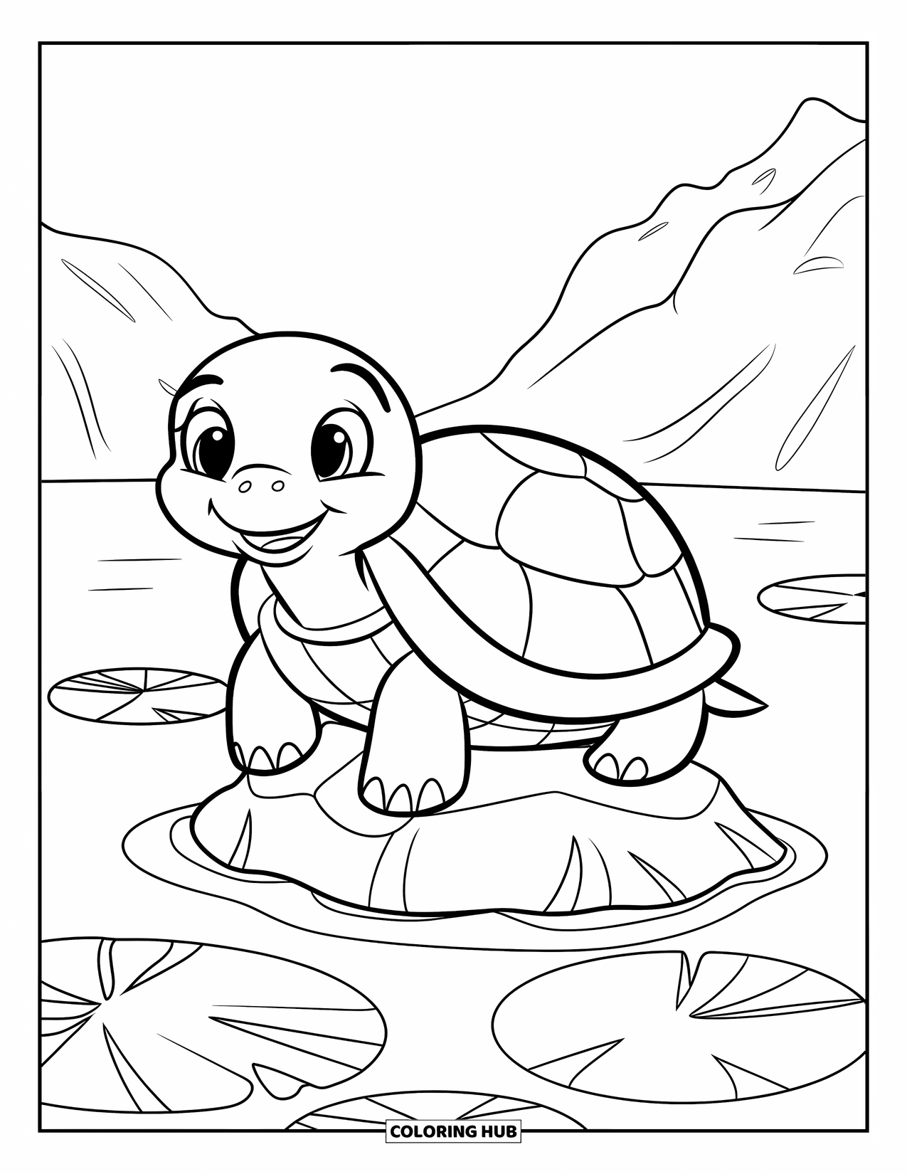 Turtle Coloring Page for Kids: A happy turtle sits on a rock in the middle of a peaceful lake