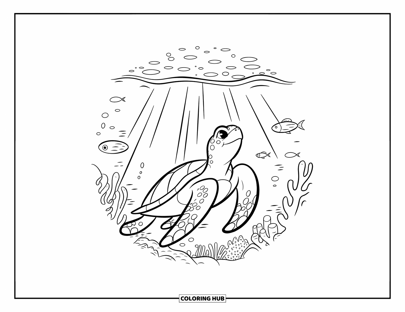 Turtle Coloring Page for Kids: A lone turtle swims through ocean depths, looking up toward the sunlit surface