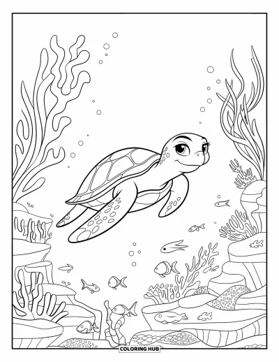 Desenho de tartarugas para colorir para crianças: Uma tartaruga tranquila flutua por um recife de coral, cercada por estrelas-do-mar e anêmonas