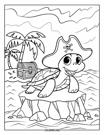 Desenho de tartarugas para colorir para crianças: Uma tartaruga pirata está em uma pequena ilha perto de um baú do tesouro e palmeiras