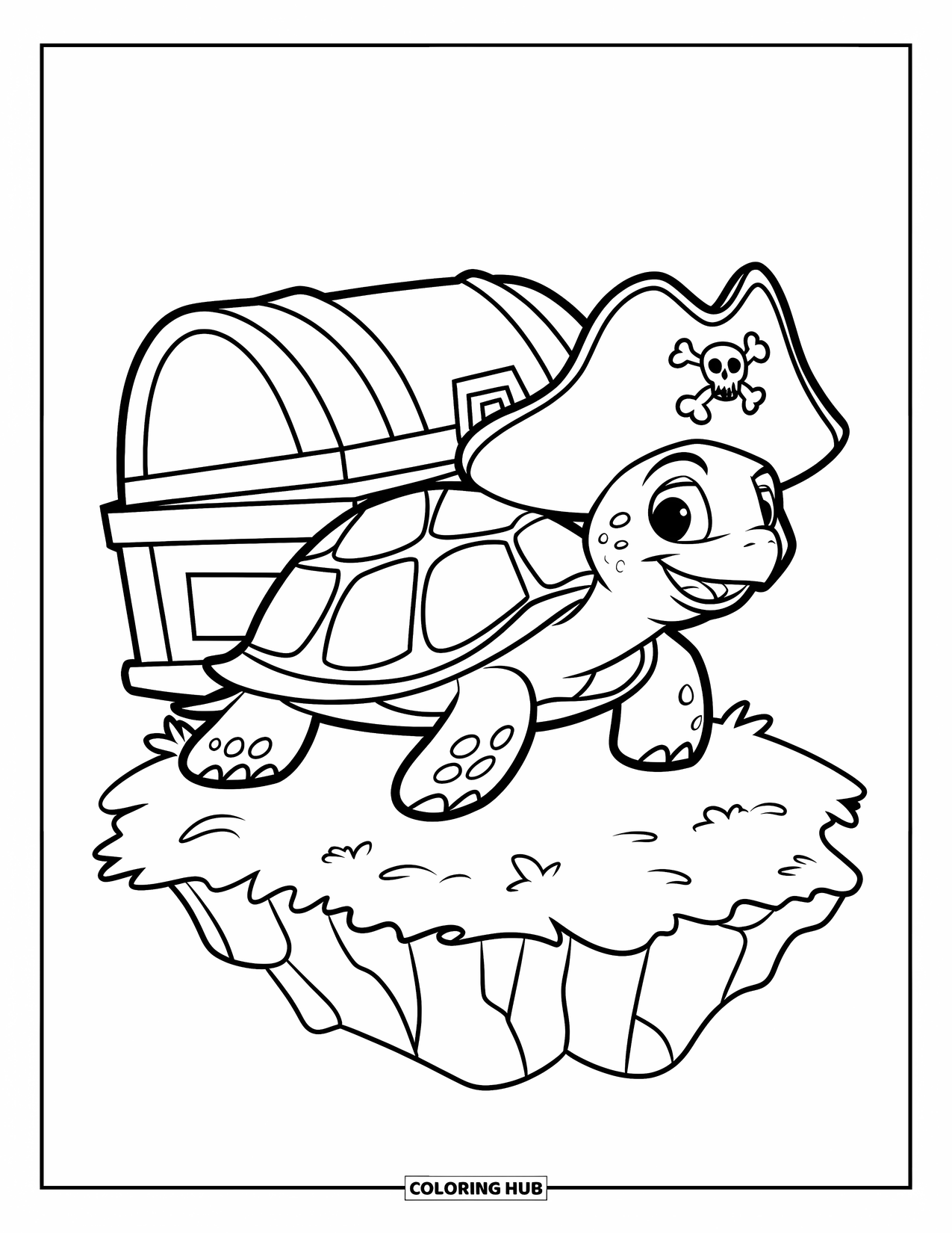 Turtle Coloring Page for Kids: A pirate turtle stands on an island with a treasure chest and lush greenery behind it
