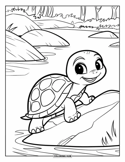 Desenho de tartarugas para colorir para crianças: Uma tartaruga brincalhona sobe em uma pedra no rio, cercada por uma floresta exuberante