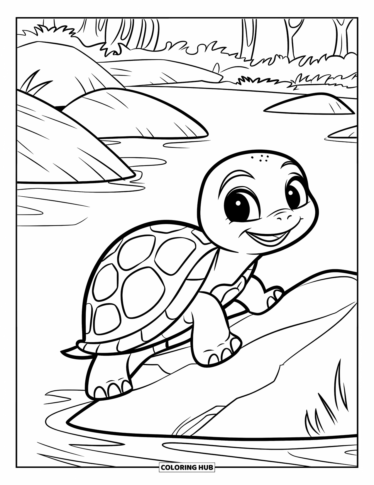 Turtle Coloring Page for Kids: A playful turtle climbs a rock in the river, surrounded by a lush forest
