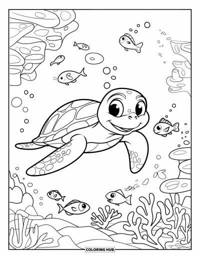 Desenho de tartarugas para colorir para crianças: Uma tartaruga brincalhona explora um recife de coral com bolhas flutuando ao redor