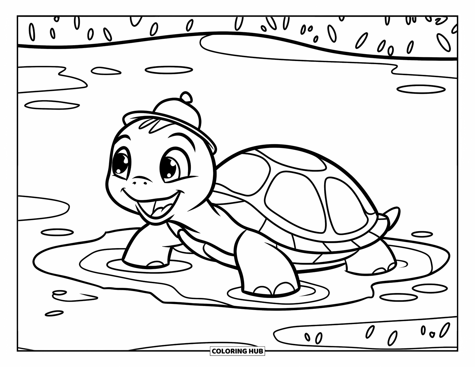 Turtle Coloring Page for Kids: A playful turtle splashes in a puddle, creating gentle ripples in the water