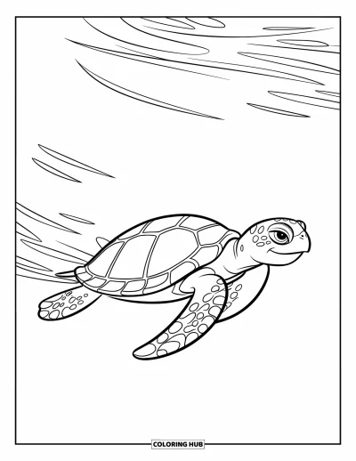Desenho de tartarugas para colorir para crianças: Uma tartaruga marinha desliza pelo oceano, deixando ondulações suaves na água