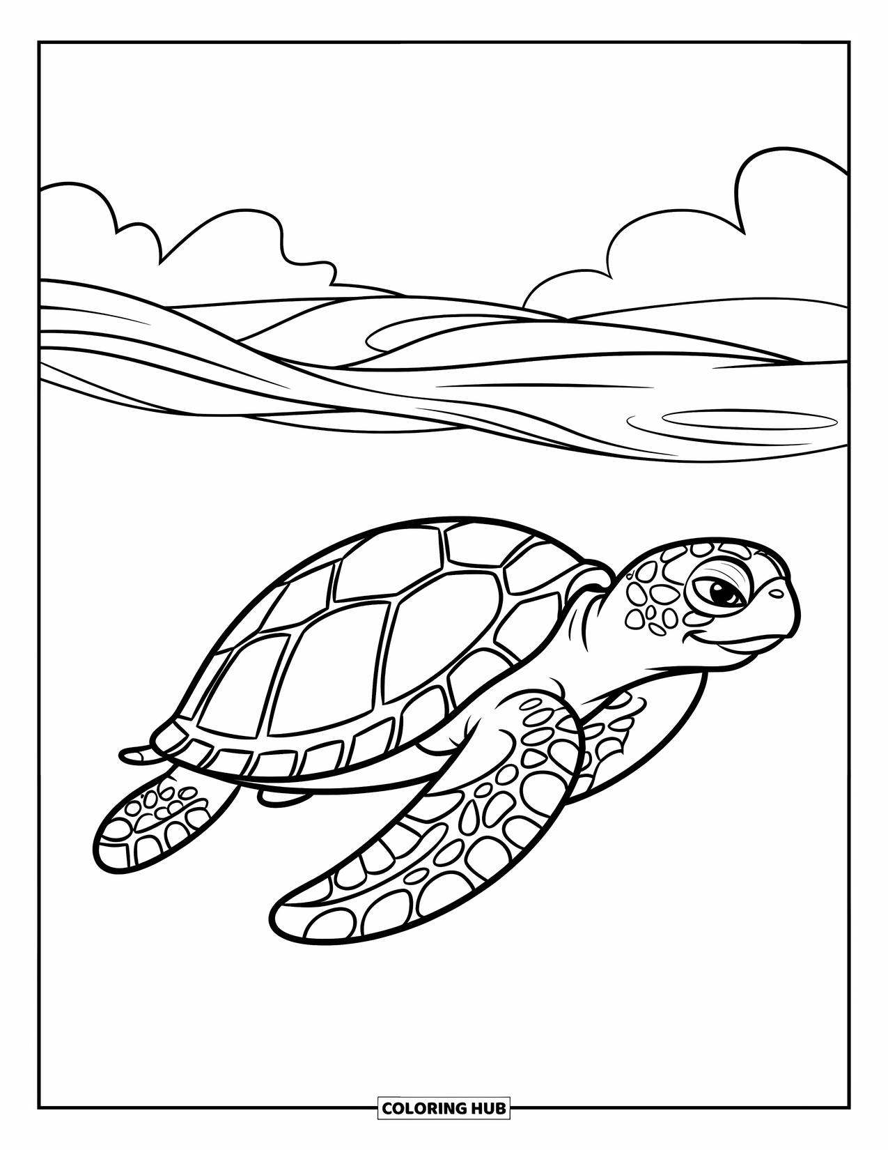 Turtle Coloring Page for Kids: A sea turtle moves gracefully through the water as waves ripple behind it