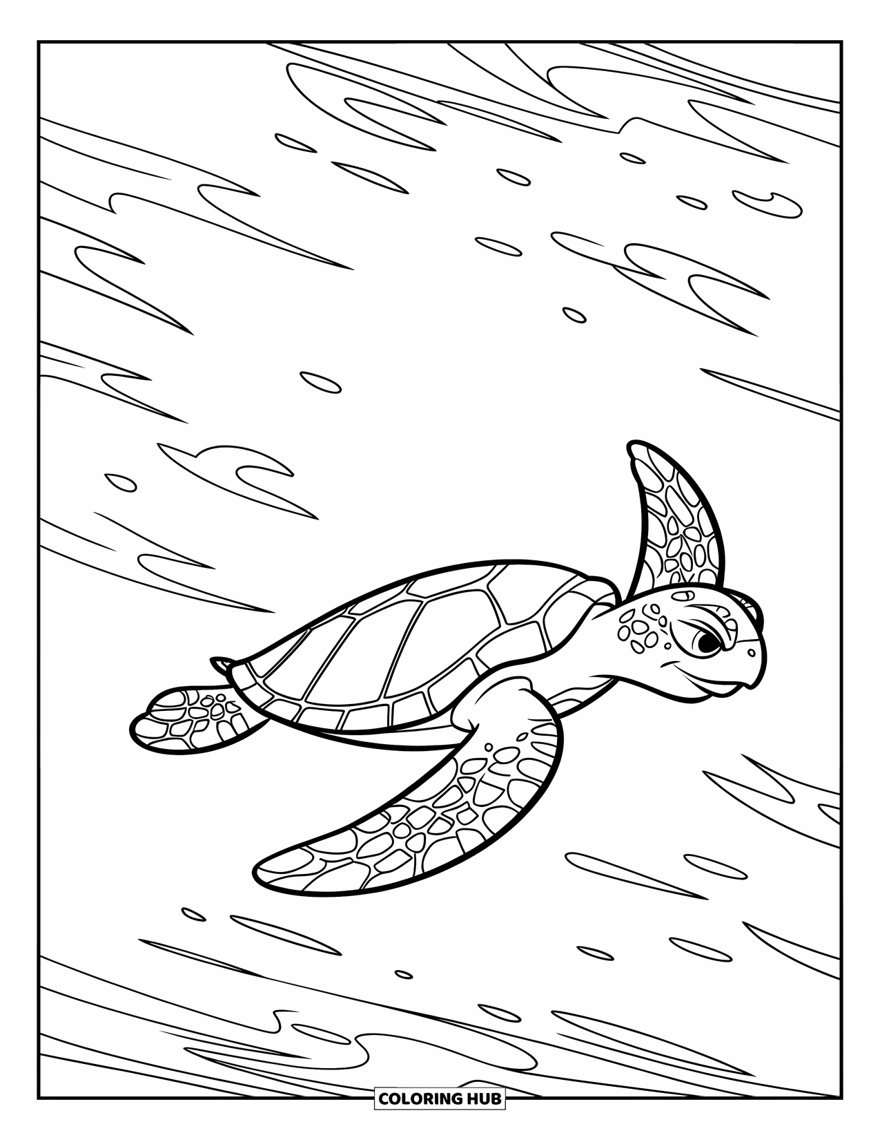 Turtle Coloring Page for Kids: A sea turtle swims through calm waters, its shell casting a shadow on the ocean floor