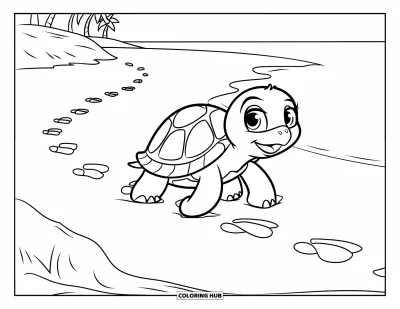 Desenho de tartarugas para colorir para crianças: Uma tartaruguinha dá passos cuidadosos pela areia da praia, indo em direção ao oceano