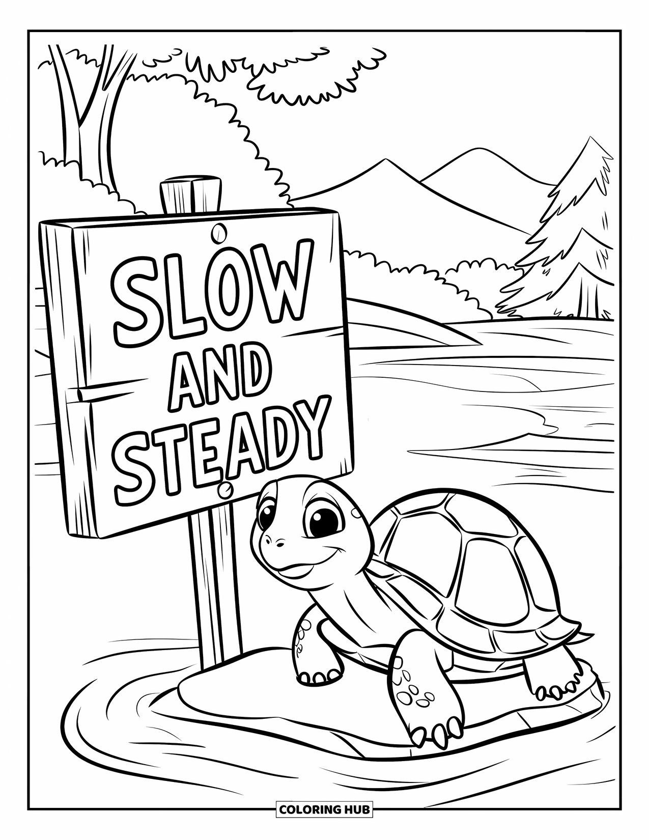 Turtle Coloring Page for Kids: A smiling turtle sits on a rock in the water, surrounded by trees and mountains
