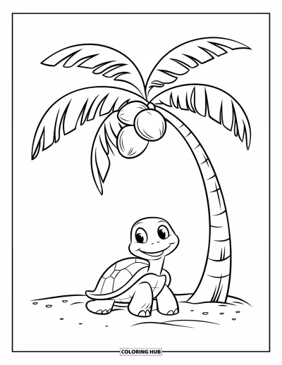 Desenho de tartarugas para colorir para crianças: Uma tartaruga sorridente está sentada sob uma palmeira em uma praia de areia tranquila