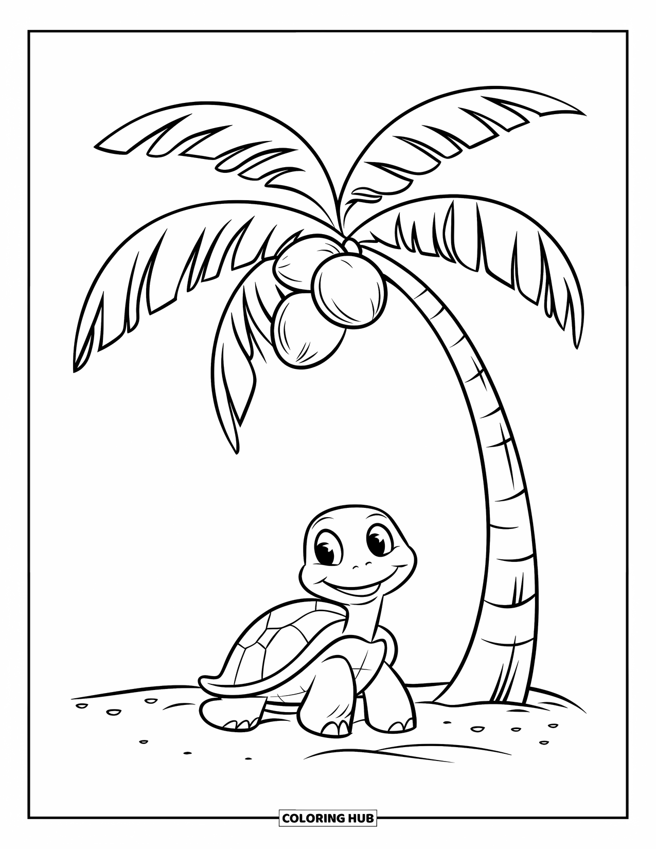 Turtle Coloring Page for Kids: A smiling turtle sits under a palm tree on a peaceful sandy beach