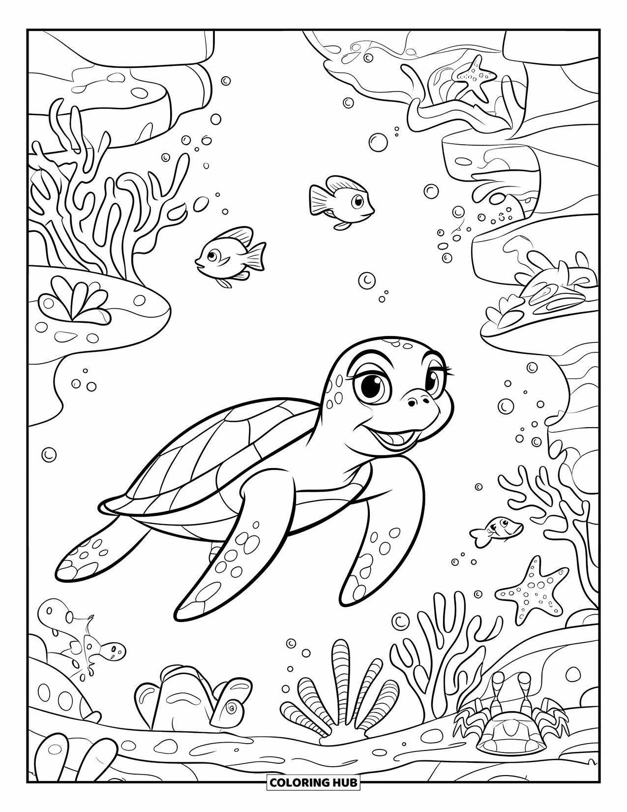 Turtle Coloring Page for Kids: A smiling turtle swims through a coral reef, surrounded by starfish and crabs