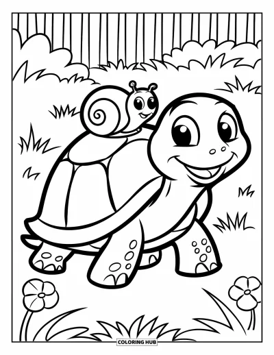 Desenho de tartarugas para colorir para crianças: Uma tartaruga sorridente caminha pela grama com um pequeno caracol passeando em seu casco