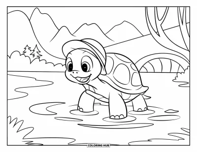Desenho de tartarugas para colorir para crianças: Uma tartaruga sorridente com chapéu respinga em uma poça, com ondinhas ao redor