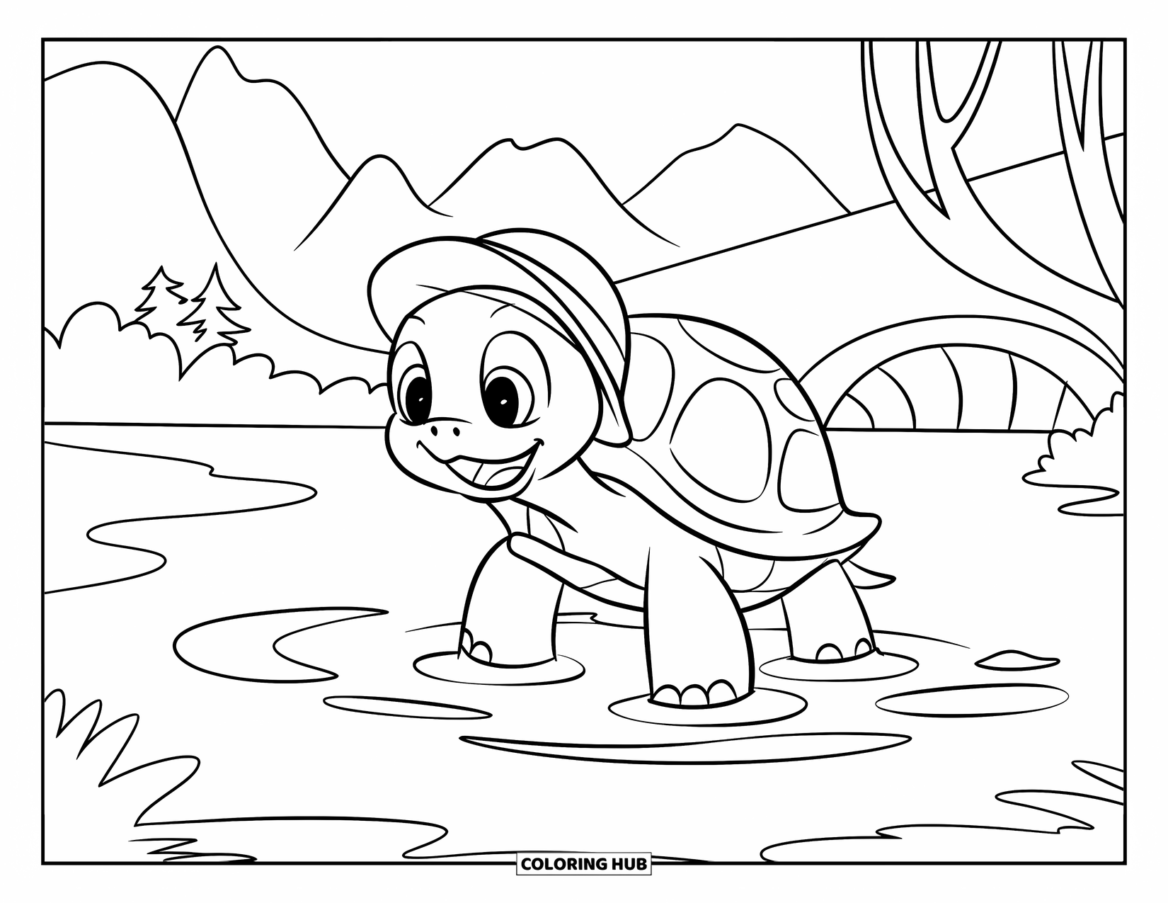 Turtle Coloring Page for Kids: A smiling turtle wearing a hat splashes in a puddle with ripples around it