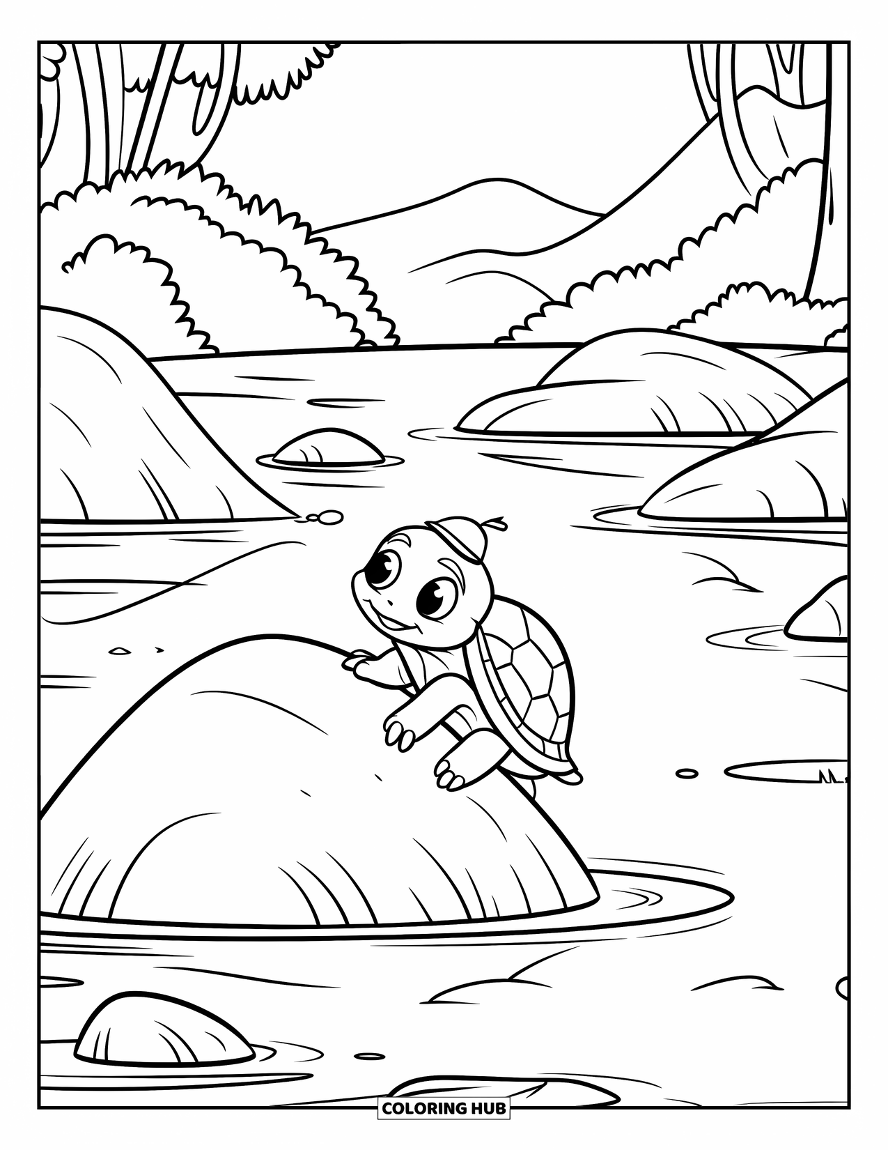 Turtle Coloring Page for Kids: A smiling turtle with a tiny hat climbs onto a rock surrounded by water