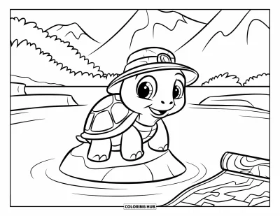 Desenho de tartarugas para colorir para crianças: Uma pequena tartaruga aventureira descansa em uma pedra, observando uma cadeia de montanhas ao longe