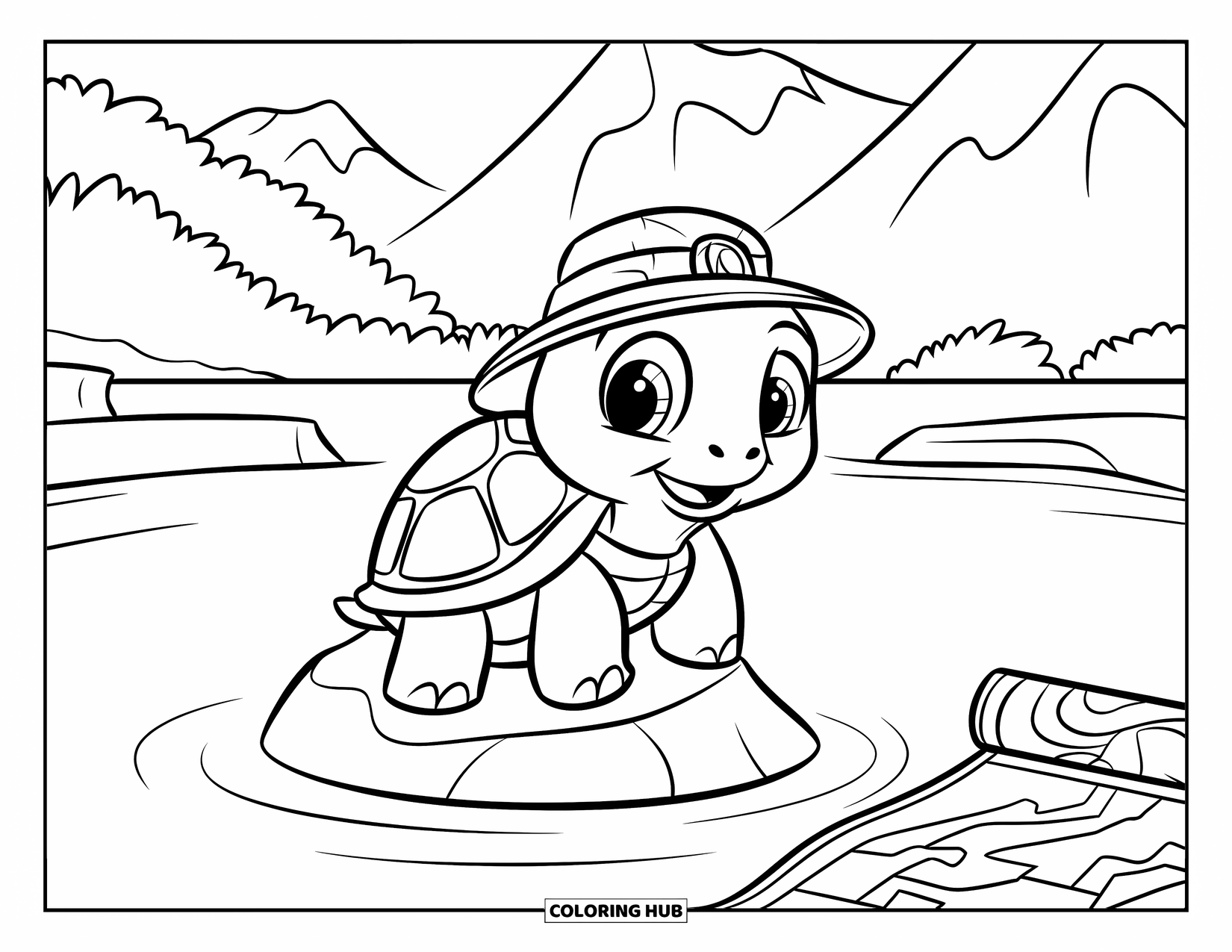 Turtle Coloring Page for Kids: A tiny adventurer turtle rests on a rock, gazing at a distant mountain range