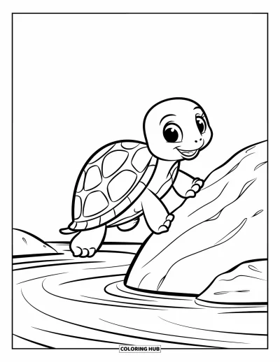 Desenho de tartarugas para colorir para crianças: Uma tartaruguinha sobe em uma pedra perto de um rio de correnteza suave