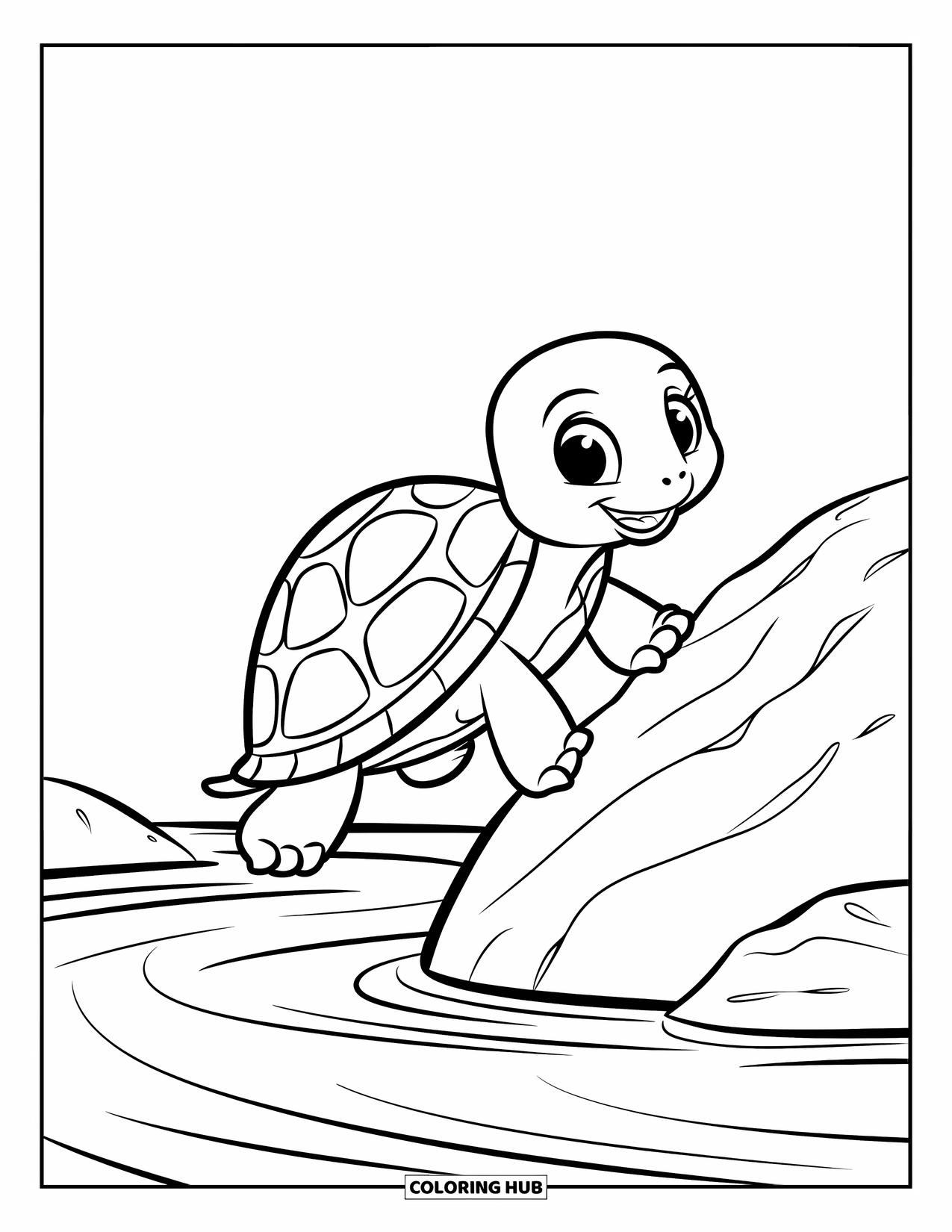 Turtle Coloring Page for Kids: A tiny turtle climbs onto a rock near a gently flowing river