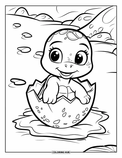 Desenho de tartarugas para colorir para crianças: Uma tartaruguinha sai do ovo, cercada por conchas em uma praia tranquila