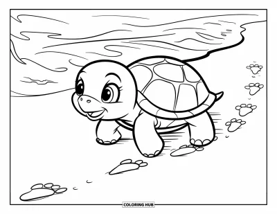 Desenho de tartarugas para colorir para crianças: Uma tartaruguinha cambaleia pela praia, seguindo suas pegadas em direção à água
